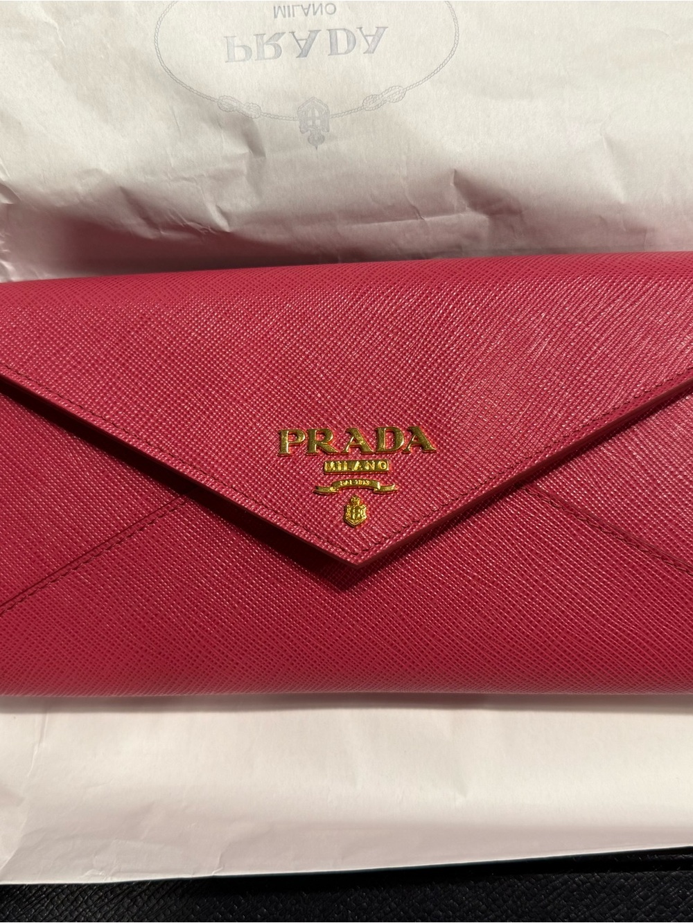 Prada Pink Saffiano Envelope Wallet with Gold Logo
